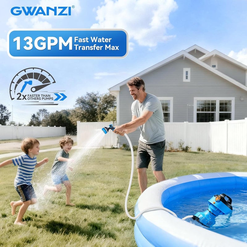 GWANZI 1/4HP Cordless Water Transfer Pump Submersible Water Pump 750GPH 30FT Head Included 2x4000mAh 21V Battery and Charger IPX8 Pool Cover Pump 3/4" Outlet for Pool Pond RV Boat Garden Bathtub - Image 4